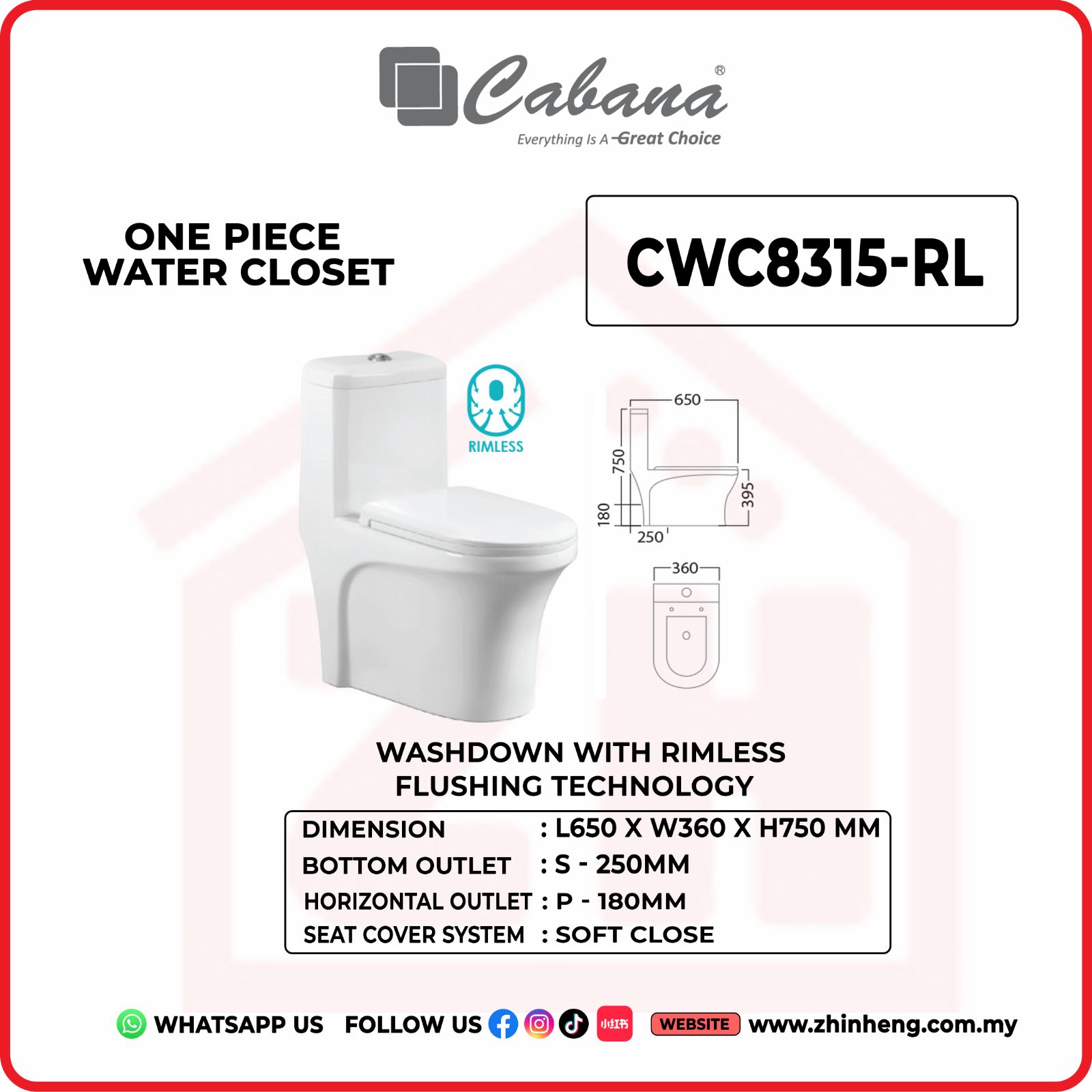 CABANA CWC8315-RL ONE PIECE WATER CLOSET WASHDOWN WITH RIMLESS FLUSHING TECHNOLOGY