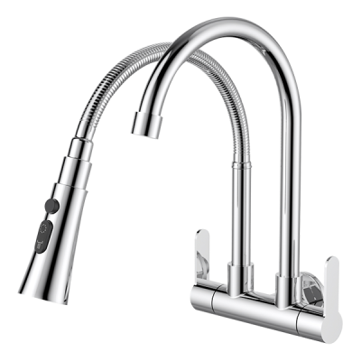 SHT-258-MW-SC 1/2'' Wall Sink Tap with Double Spout & 3-Function Spray – SUS 304 Stainless Steel Chrome Finish Kitchen Cold Tap
