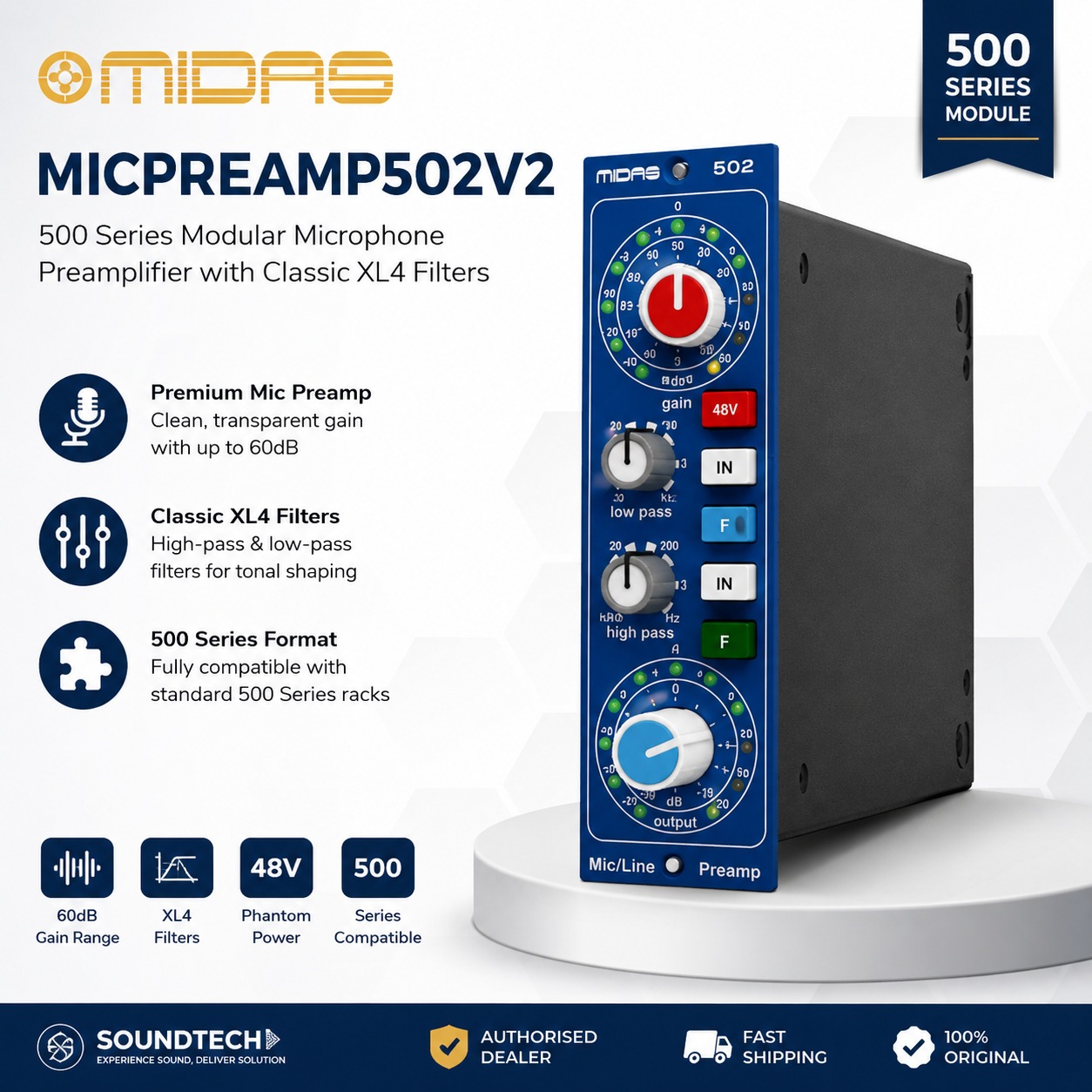 Midas MICPREAMP502V2 – 500 Series Modular Microphone Preamplifier with Classic XL4 Filters
