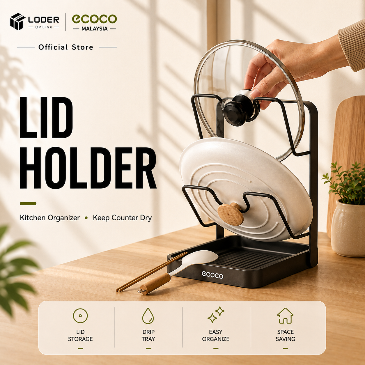 LODER ECOCO Kitchen Lid Organizer Rack Pot Cover Holder Cutting Board Stand with Drip Tray Storage for Countertop