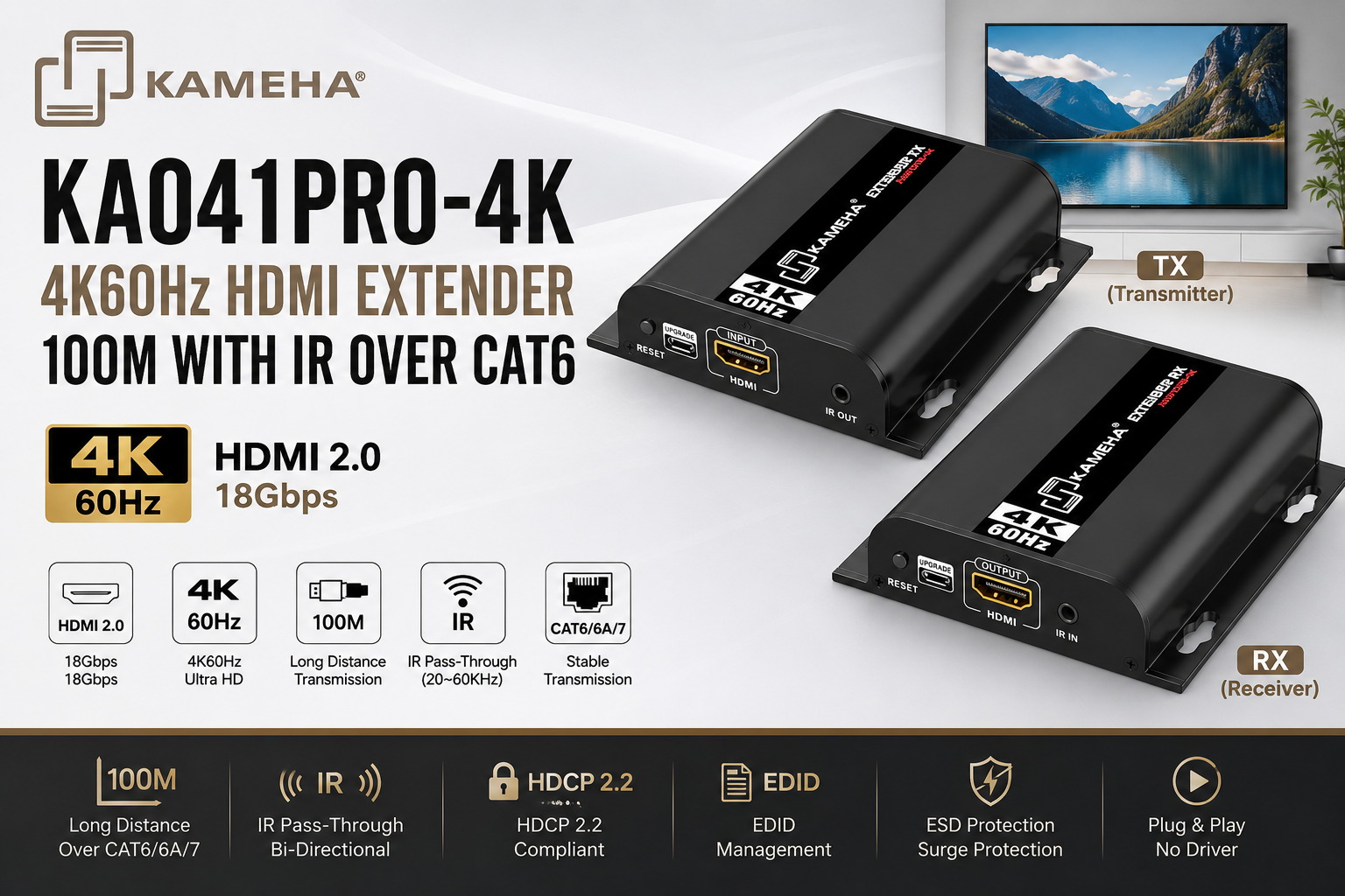 KAMEHA KA041PRO-4K 4K60Hz HDMI Extender 100M with IR over CAT6 | HDMI 2.0 18Gbps (Improved Version)