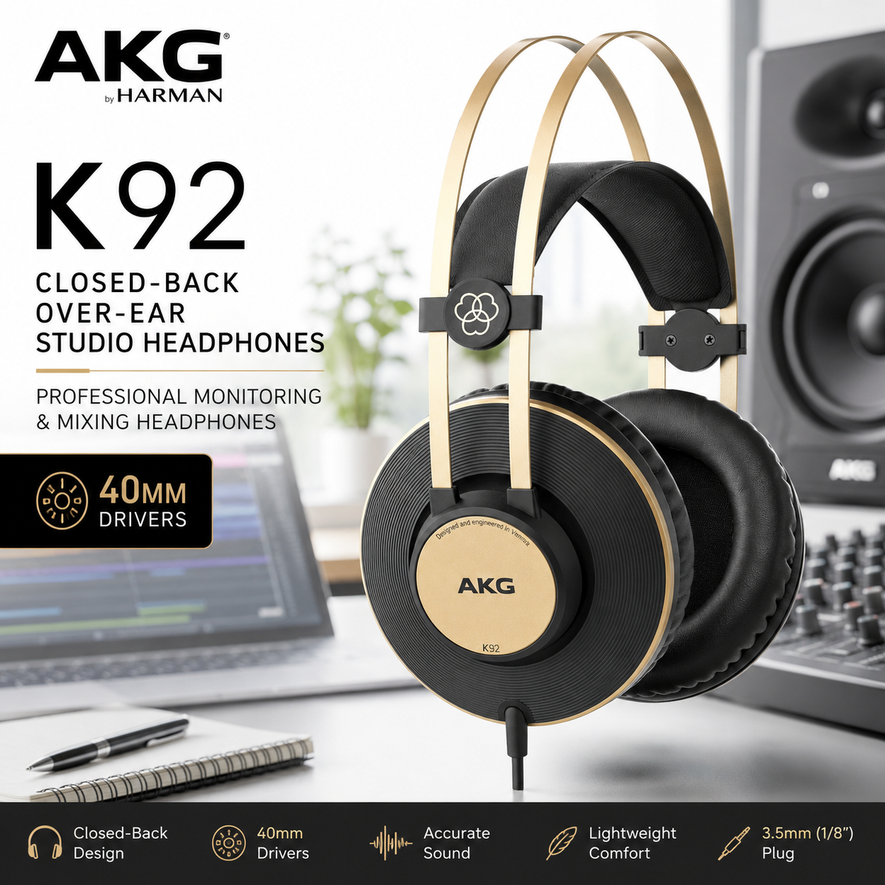 AKG K92 Closed-Back Over-Ear Studio Headphones Professional Monitoring & Mixing Headphones with 40mm Drivers