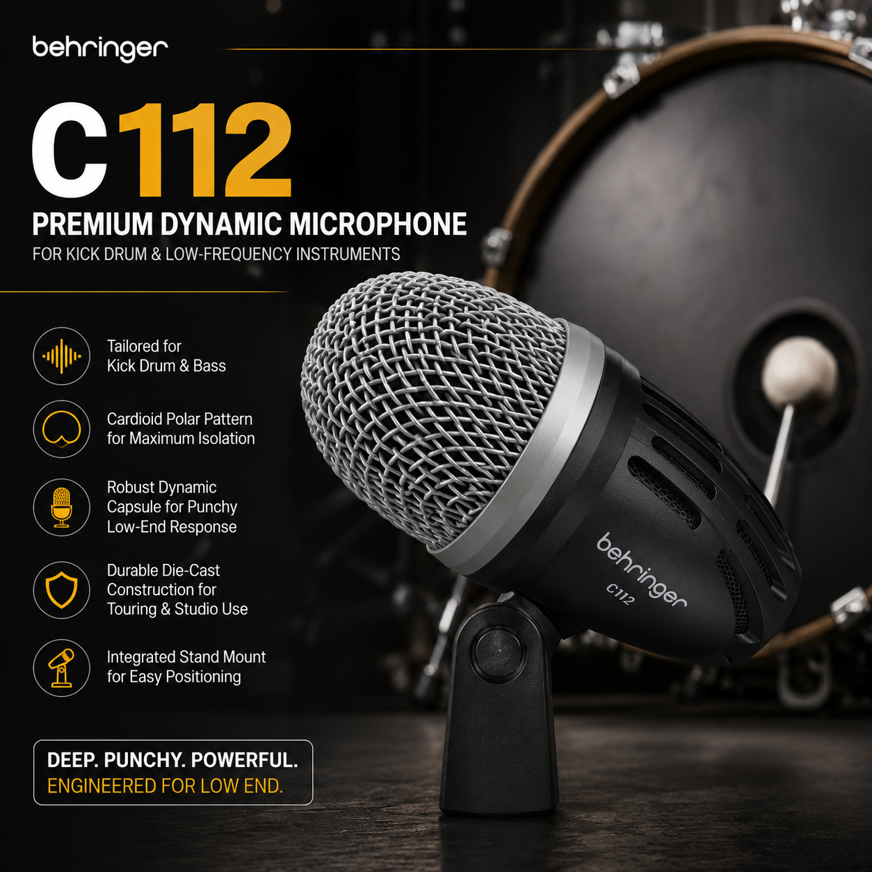 Behringer C112 – Premium Dynamic Microphone for Kick Drum & Low-Frequency Instruments