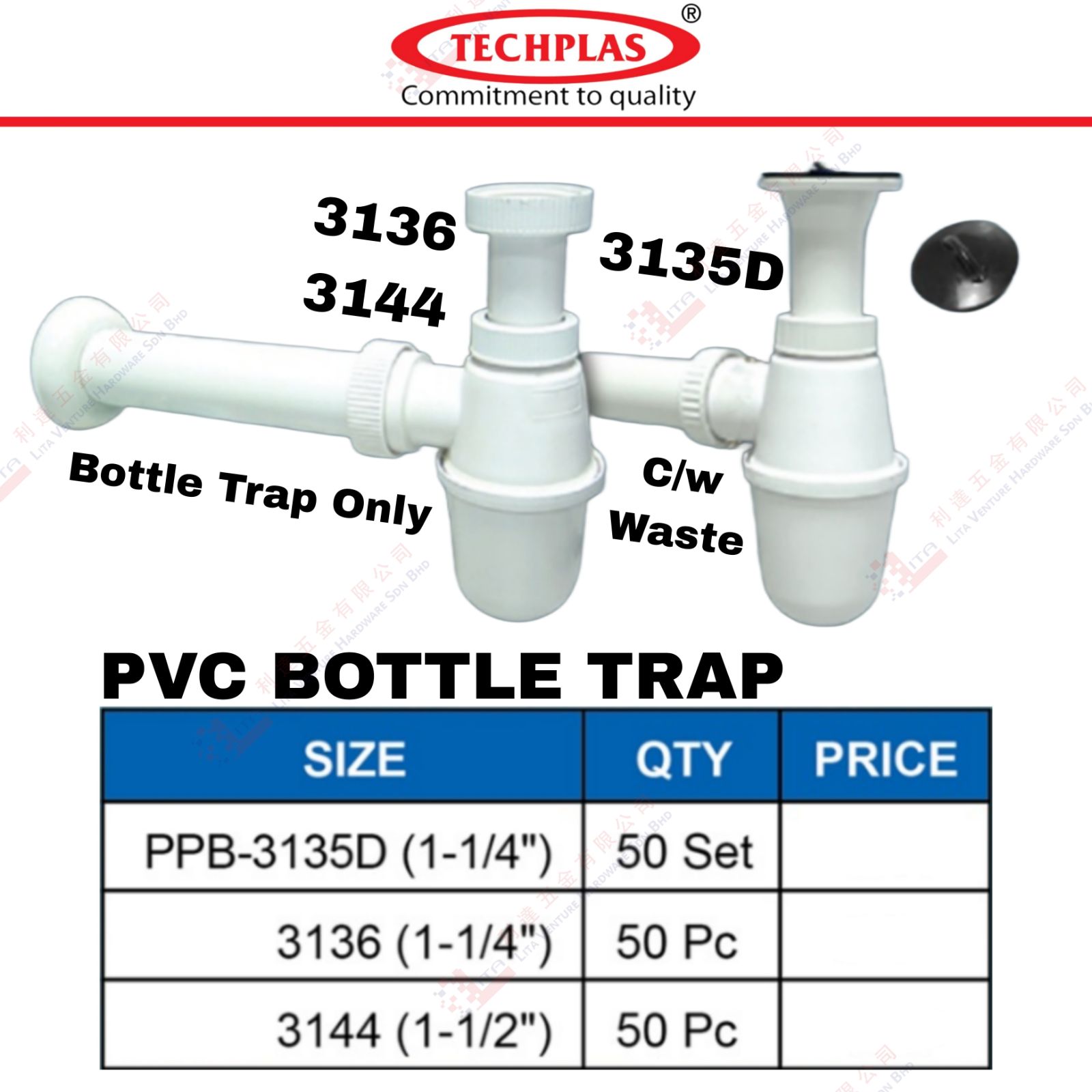 TECH PLAS BRAND PVC BOTTLE TRAP - PPB3135D PPB3136 PPB3144