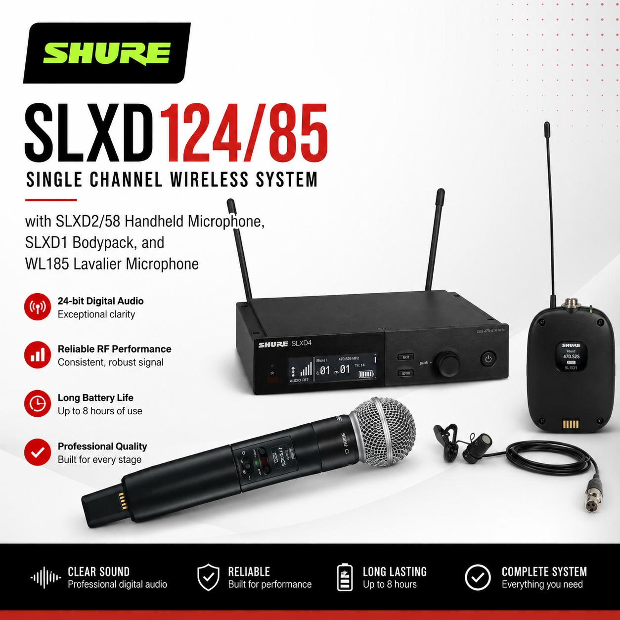 Shure SLXD124/85 – Sistem Tanpa Wayar Saluran Tunggal dengan Mikrofon Genggam SLXD2/58, Bodypack SLXD1, dan Mikrofon Lavalier WL185
