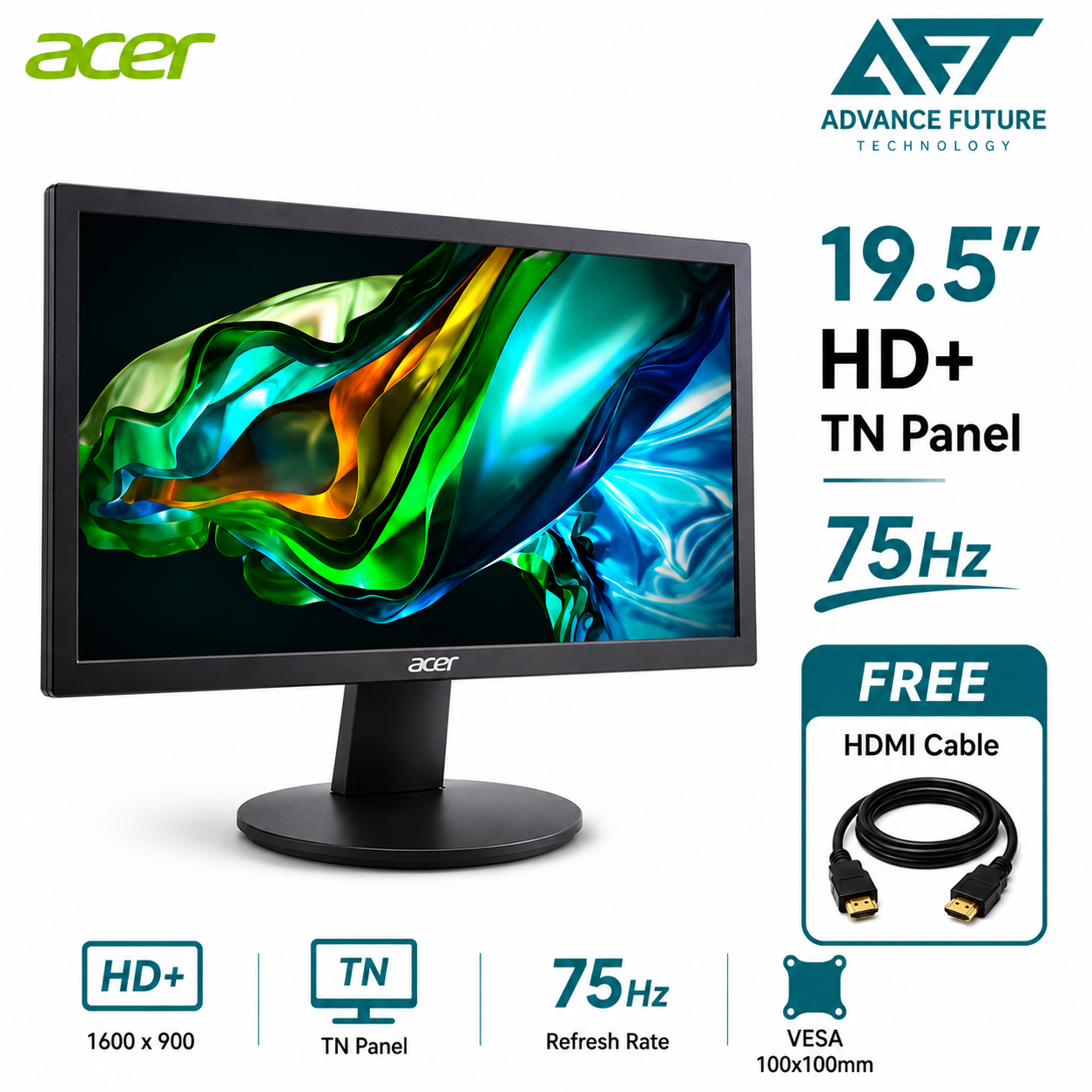 Acer E200Q 19.5" HD+ TN 75Hz Flat Monitor ( HDMI, VGA, 3 Years Warranty )