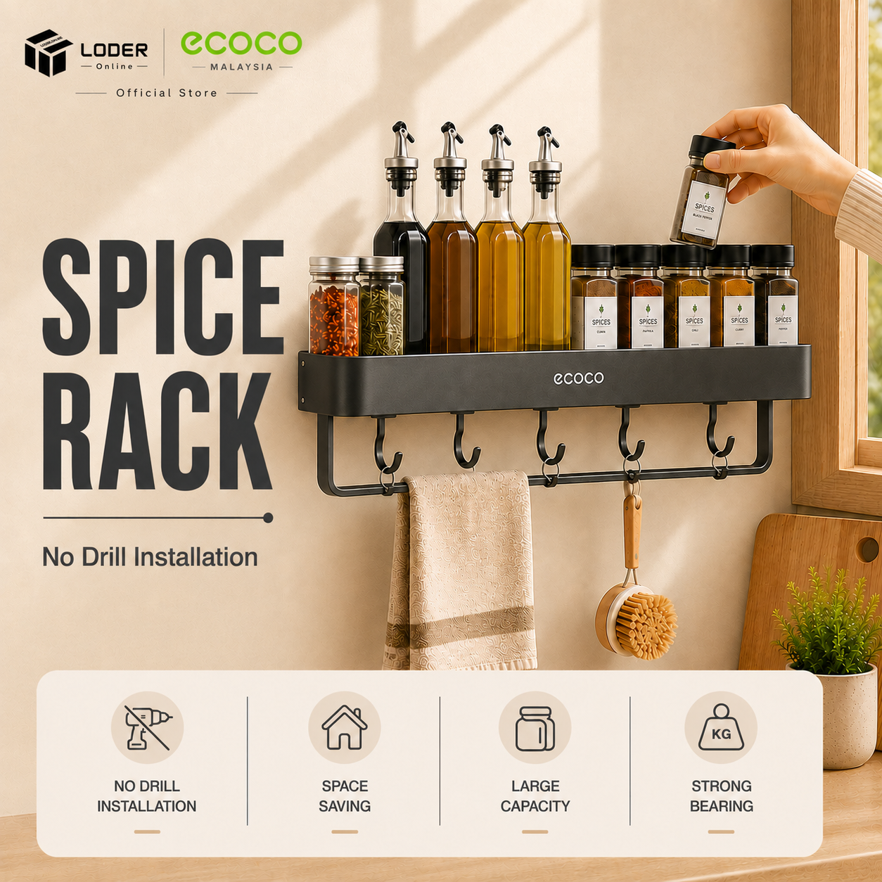 LODER ECOCO Spice Rack Wall Mounted Seasoning Rack Kitchen Storage Shelf No Drill Organizer with Hooks