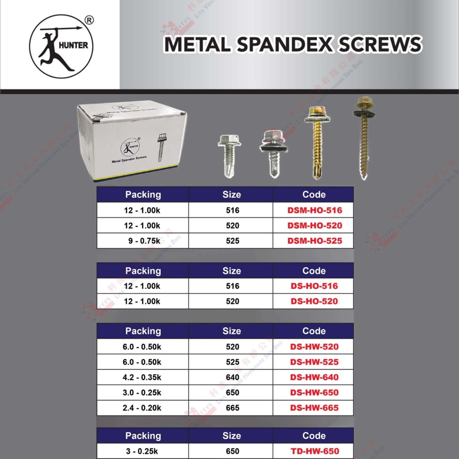 HUNTER BRAND METAL SPANDEX SCREWS - DSMHO516 DSMHO520 DSMHO525 DSHI516 DSHI520 DSHW520 DSHW525 DSHW640 DSHW650 DSHW665 TDHW650