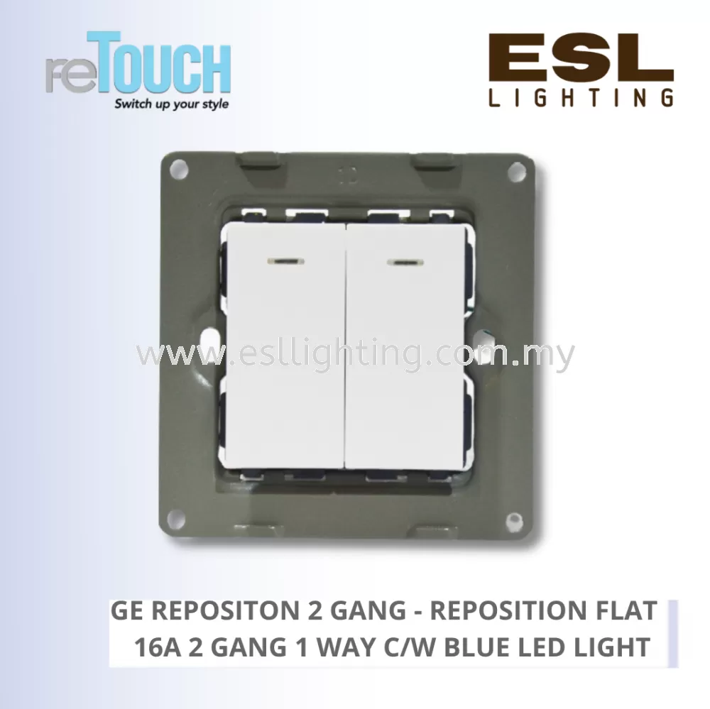 RETOUCH GRAND ELEMENTS - GE REPOSITON 2 GANG - E/SW021N-GW – REPOSITION FLAT 16A 2 GANG 1 WAY C/W BLUE LED LIGHT