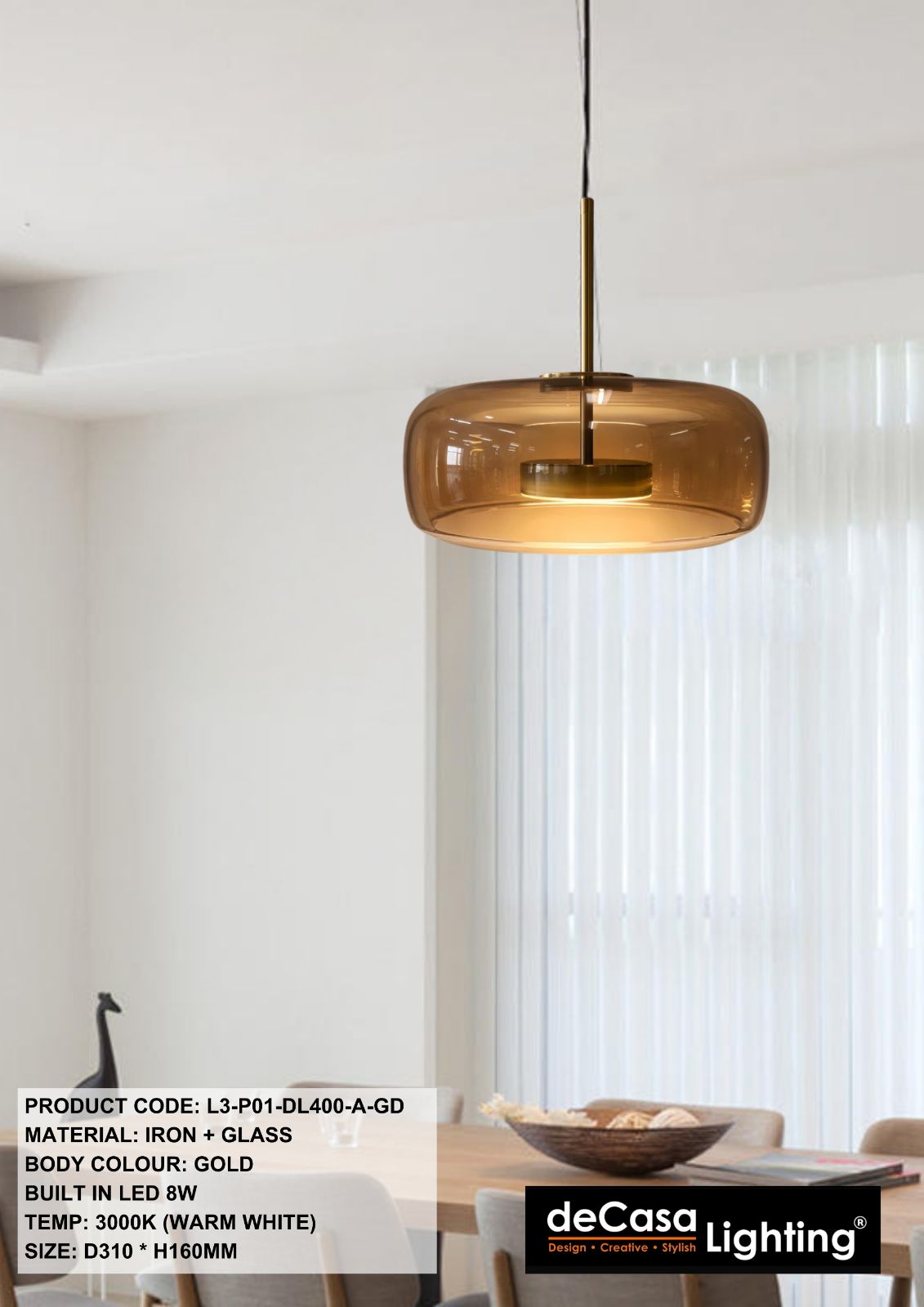 MODERN GLASS PENDANT LIGHT (L3-P01-DL400-A-GD)