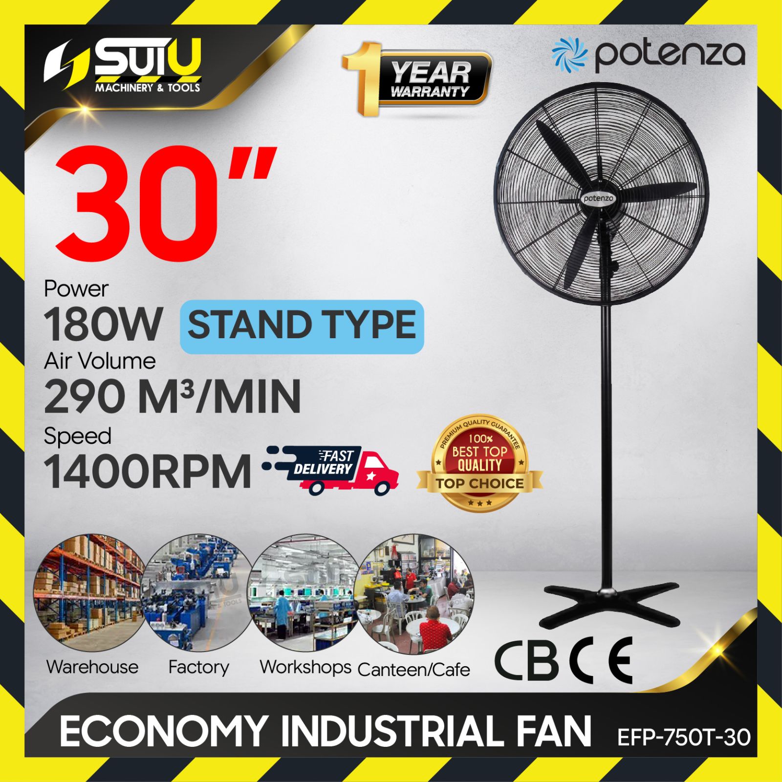 [1 YEAR WARRANTY] POTENZA EFP-750T-30 30" Industrial Stand Fan 180W