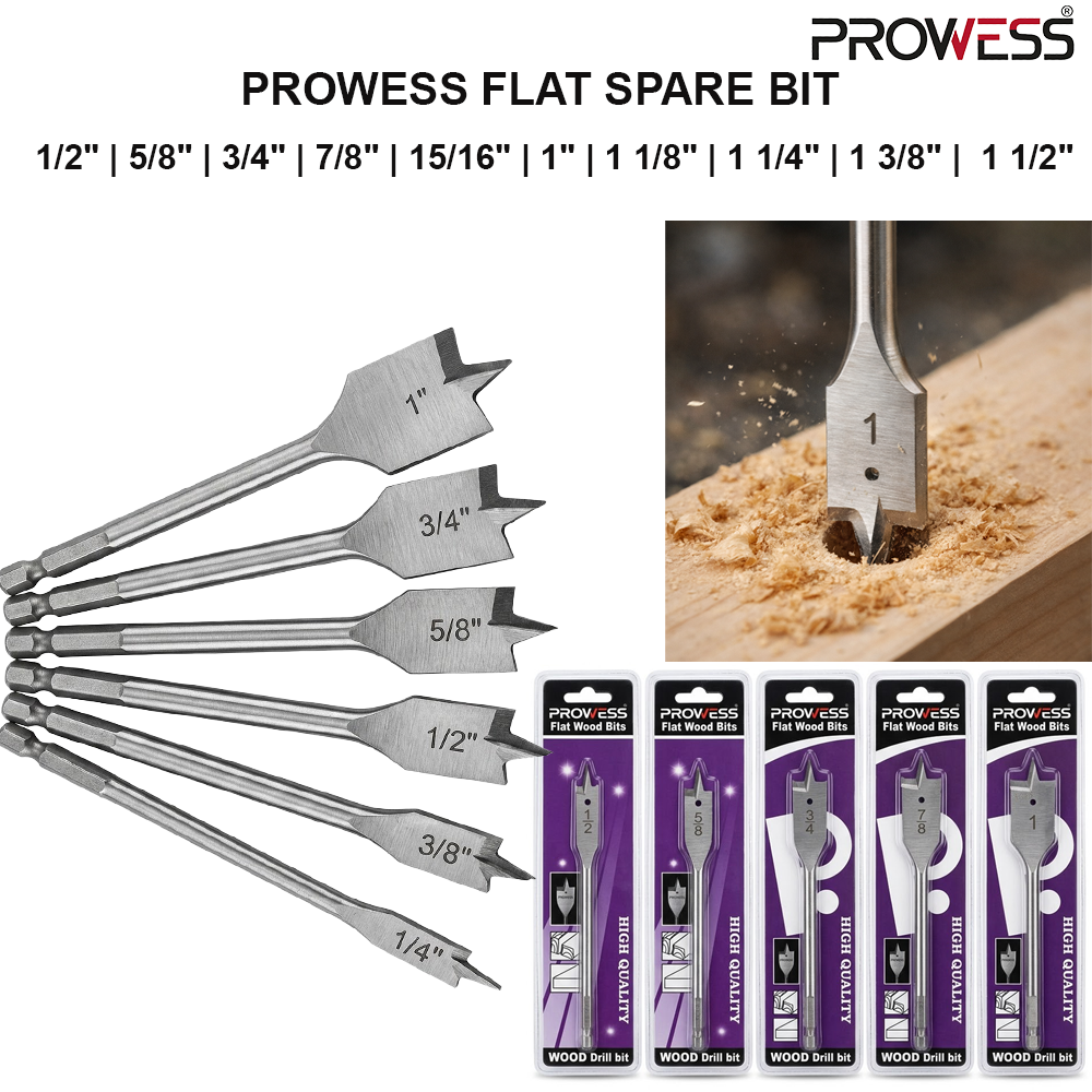 PROWESS FLAT SPARE BIT | WOOD FLAT DRILL BIT | HIGH CARBON STEEL SPADE BIT  1/2" | 5/8" | 3/4" | 7/8" | 15/16" | 1" | 1 1/8" | 1 1/4" | 1 3/8" |  1 1/2"  ( PW40-1113 | PW40-1116 | PW40-1119 | PW40-1123 | PW40-1124 | PW40-1125 | PW40-1131 | PW40-1132 | PW40-1137 | 1 1/2" PW40-1138  )