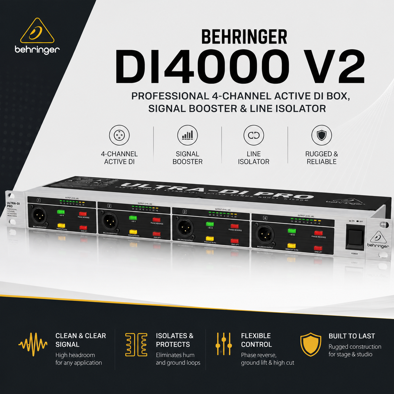 Behringer DI4000 V2 – Professional 4-Channel Active DI Box, Signal Booster & Line Isolator