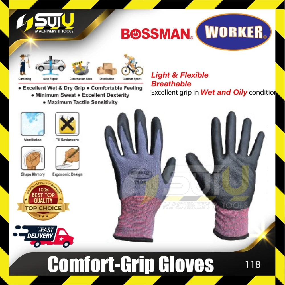 WORKER / BOSSMAN 118 M Comfort-Grip Gloves Medium #8 (1 Pair)