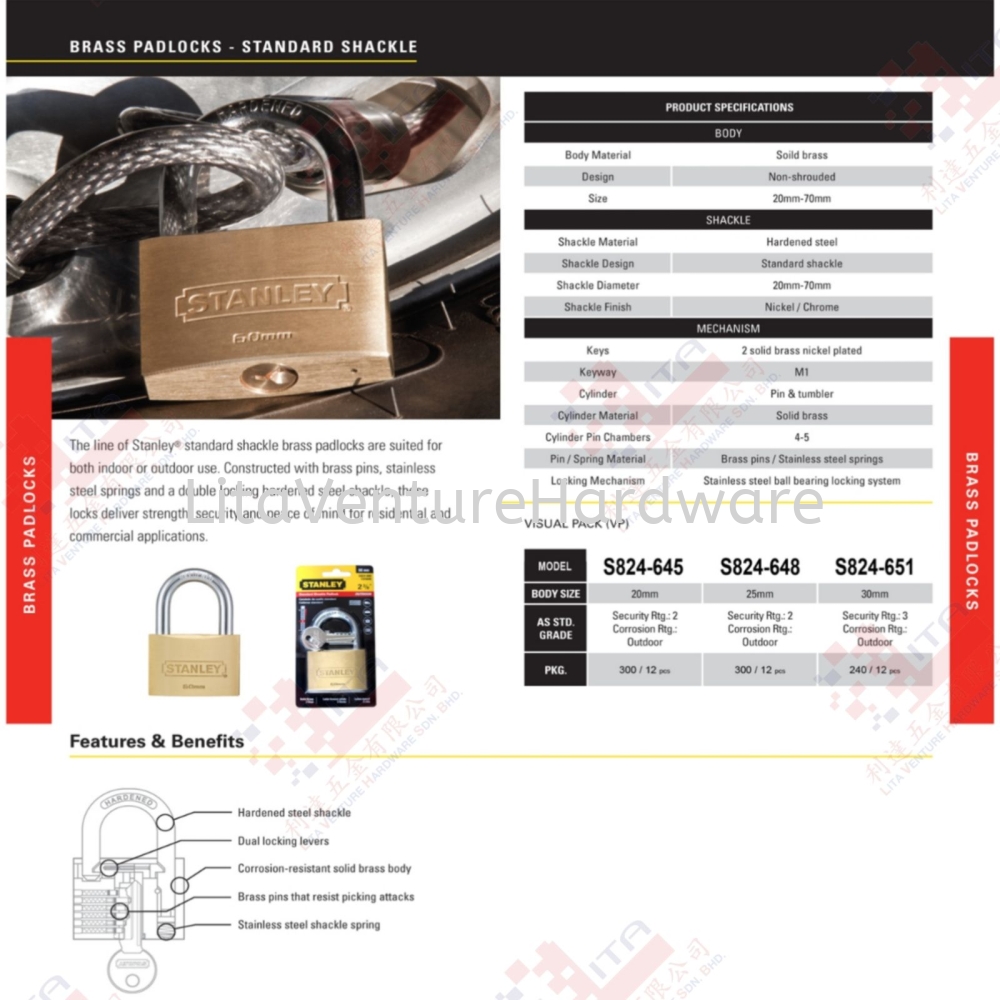 STANLEY BRAND BRASS PADLOCKS - S824645 S824648 S824651