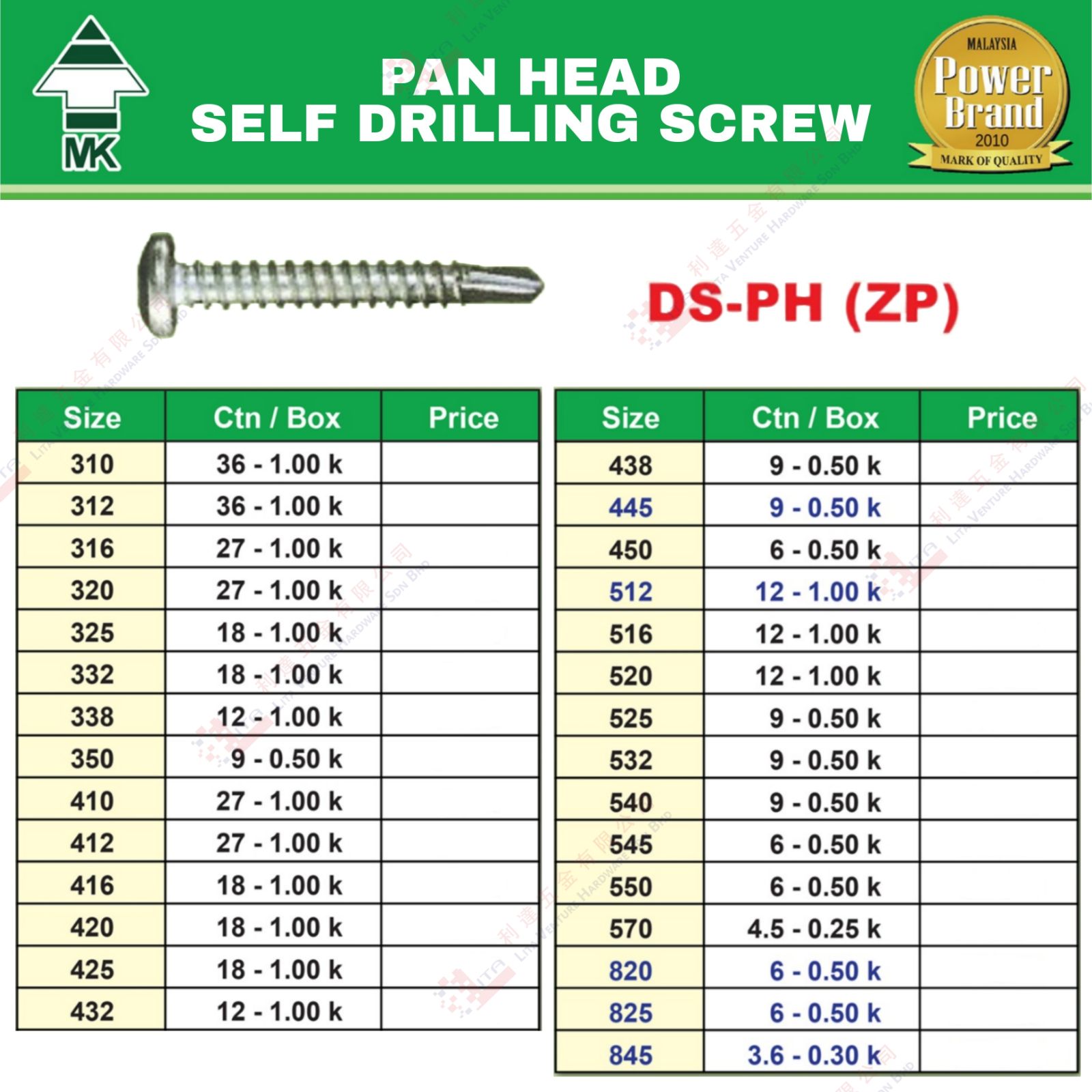 MK BRAND PAN HEAD SELF DRILLING SCREW - DSPHZP