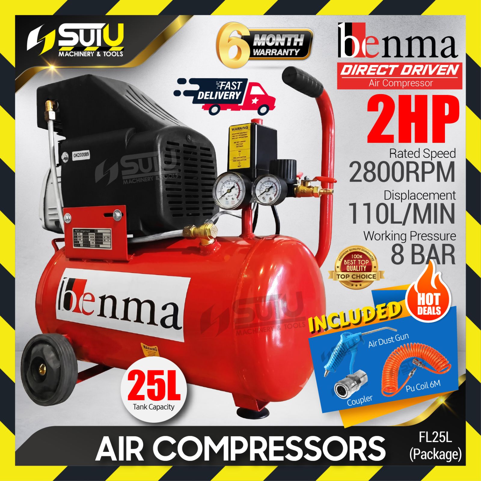 [PACKAGE] BENMA FL25L 24L 2HP 8Bar Direct Driven Air Compressor 2800RPM