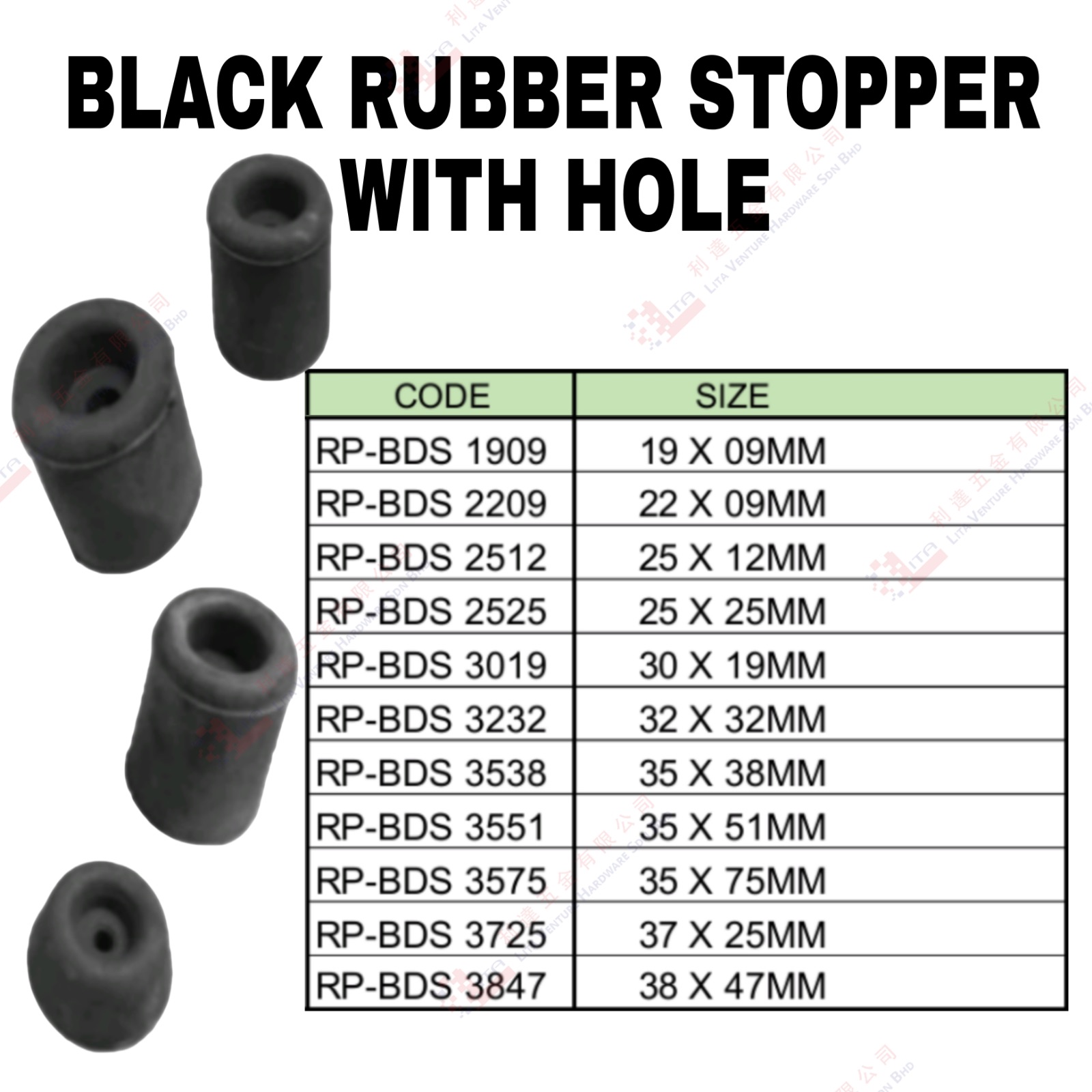 BLACK RUBBER STOPPER WITH HOLE - RPBDS1909 RPBDS2209 RPBDS2512 RPBDS2525 ..RPBDS3847
