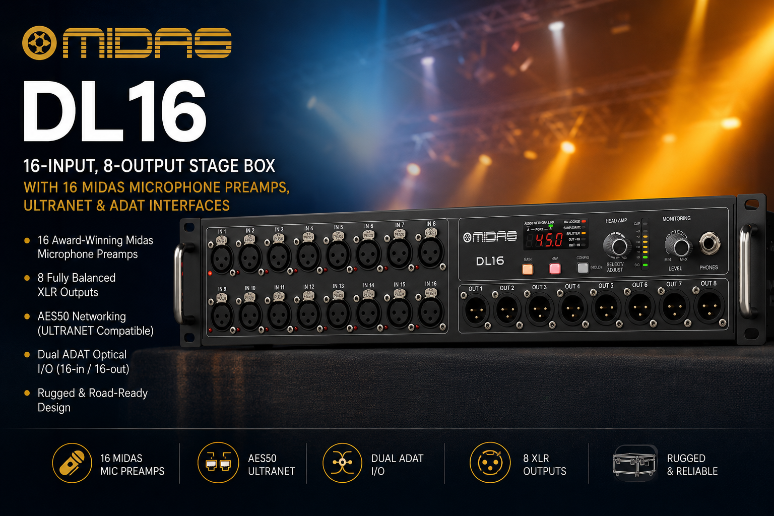 Midas DL16 – 16-Input, 8-Output Stage Box with 16 Midas Microphone Preamps, ULTRANET & ADAT Interfaces