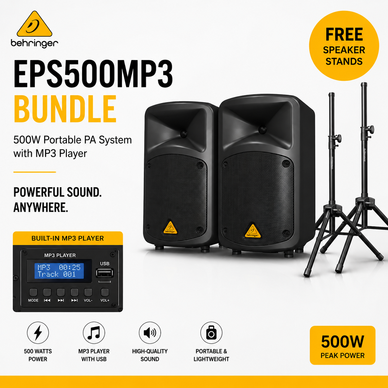 Behringer EPS500MP3 Bundle – Sistem PA Mudah Alih 500W dengan MP3 + Kaki Speaker PERCUMA