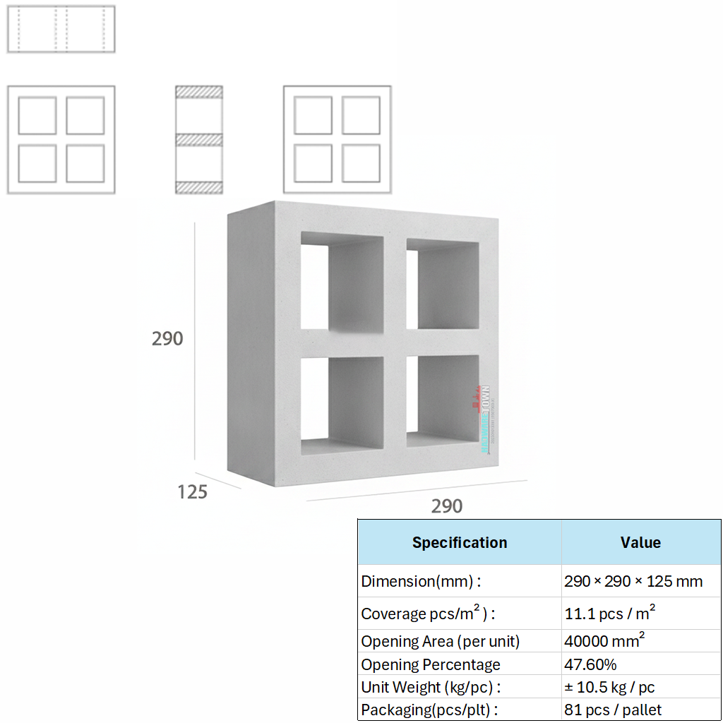 VENTILATION BLOCK VB-312.125  (LWH 290 x125 x290)mm
