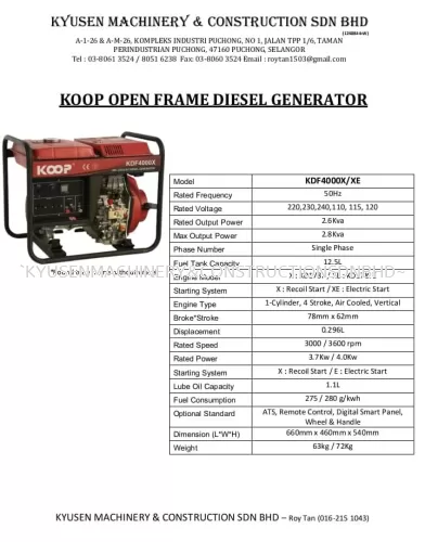 Koop Open Frame Diesel Generator KDF4000X/XE