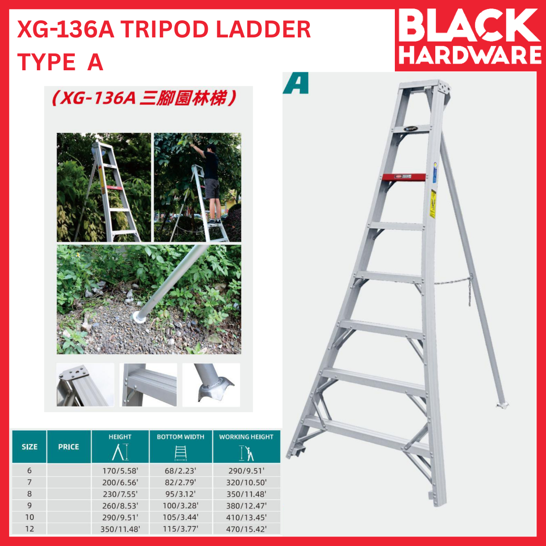 Black Hardware TONGDA XG-136A Tripod Ladder Type A | Professional Aluminium Orchard Ladder
