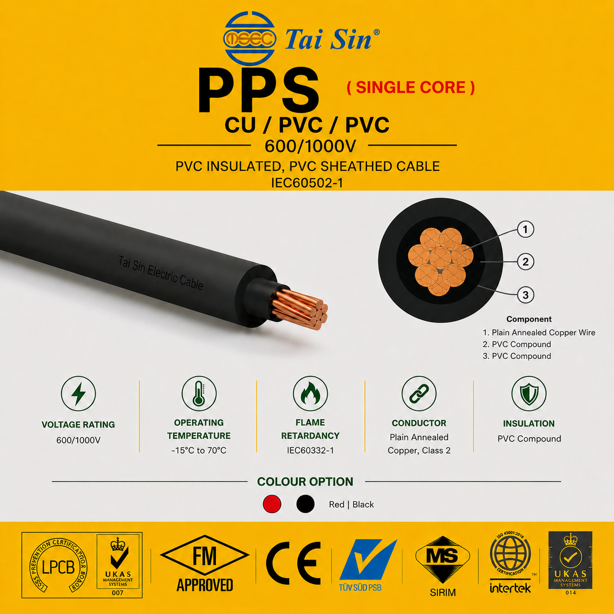 TAI SIN SINGLE CORE CU/PVC/PVC INSULATED, PVC SHEATHED CABLE 600/1000V | PPS COPPER CABLE 铜芯双塑电缆