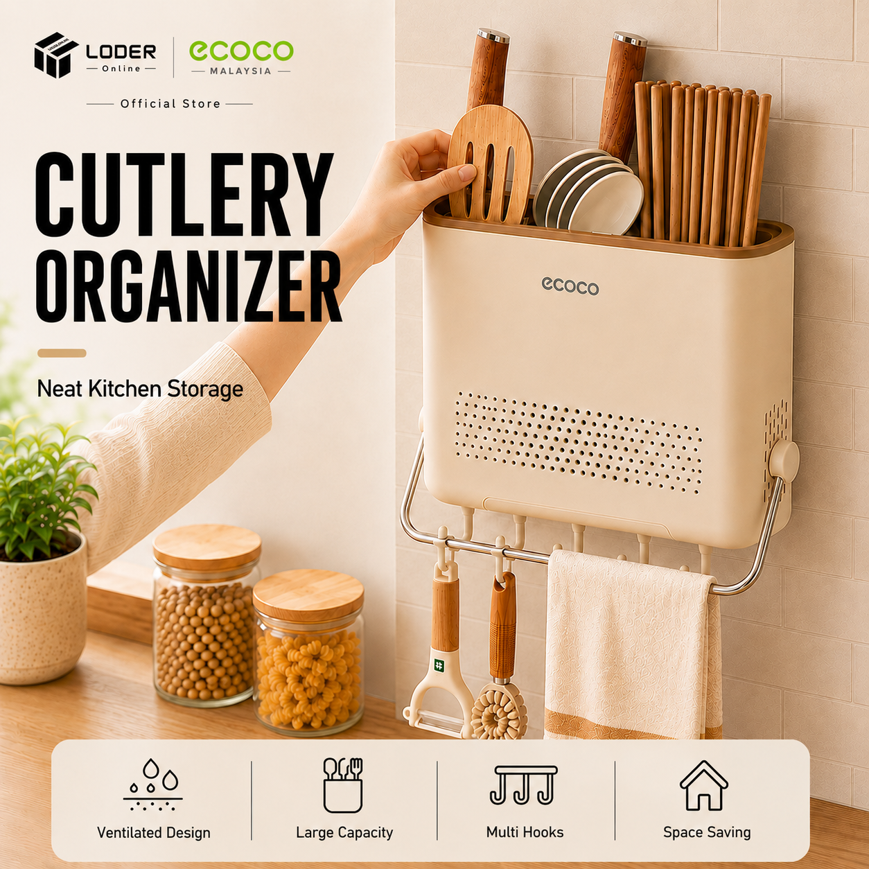LODER ECOCO Cutlery Organizer Wall Mounted Chopstick Spoon Fork Holder Drain Tray Quick Dry Kitchen Rack