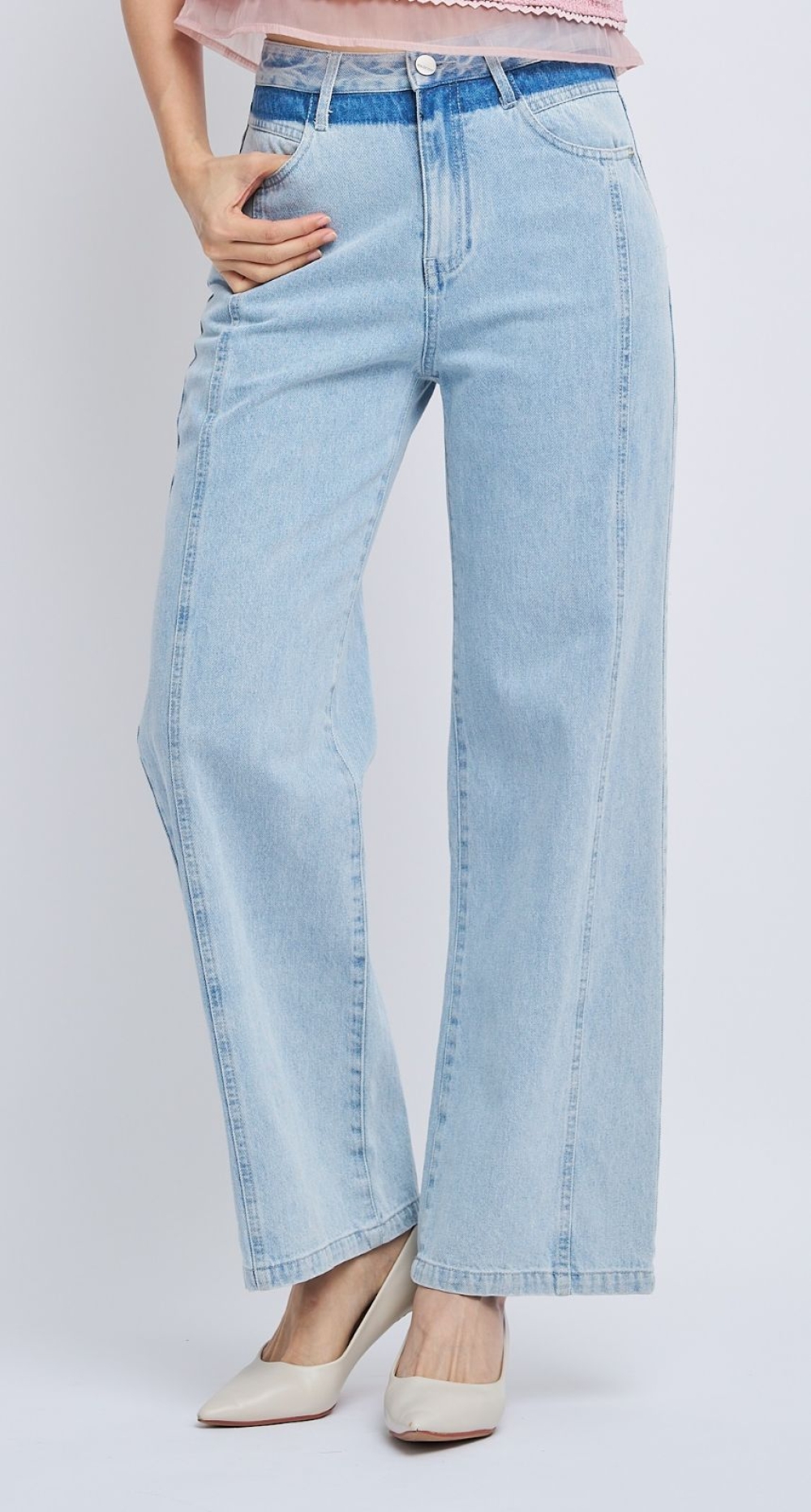 Two-Tone Panel Wide Leg Jeans