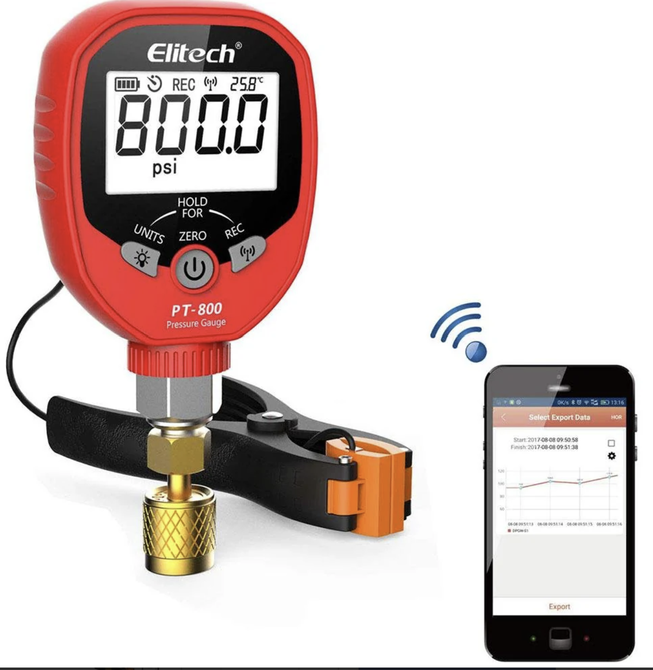Elitech PT-800 Wireless HVAC Pressure Gauge Temperature Clamp