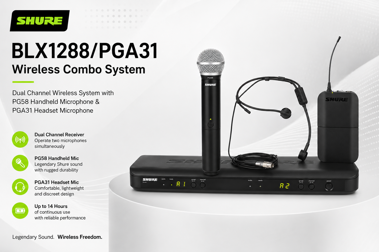 Shure BLX1288/PGA31 双通道无线组合系统 – PG58 手持麦克风 & PGA31 头戴式麦克风