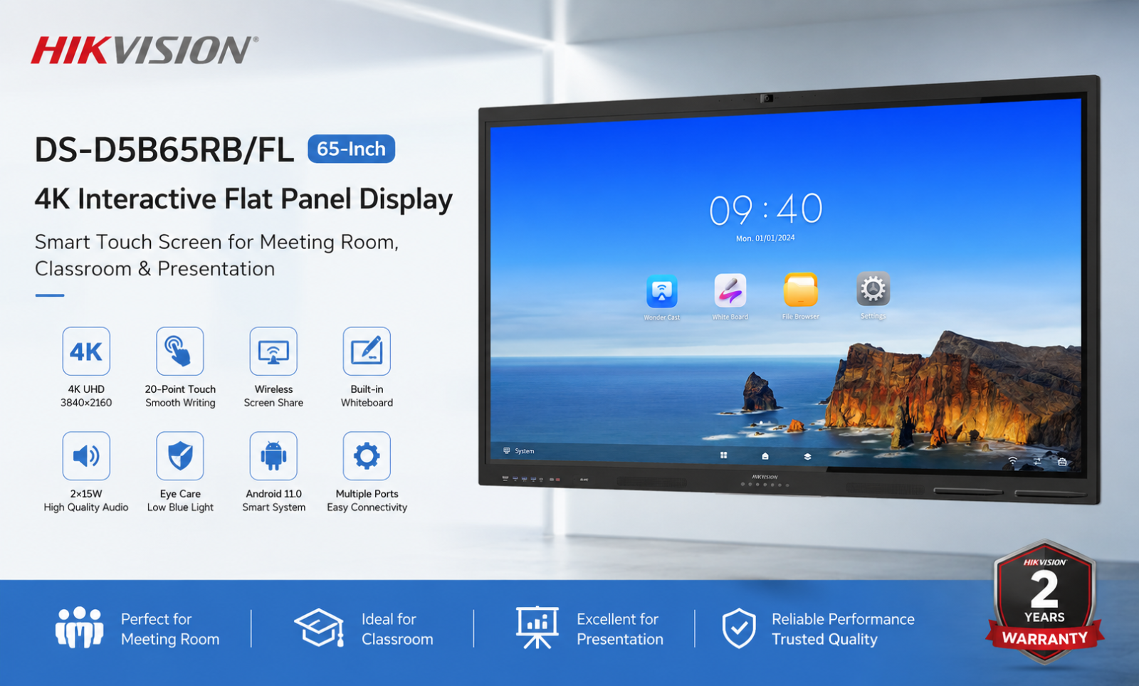 Hikvision DS-D5B65RB/FL 65-Inch 4K Interactive Flat Panel Display | Smart Touch Screen for Meeting Room, Classroom & Presentation Malaysia