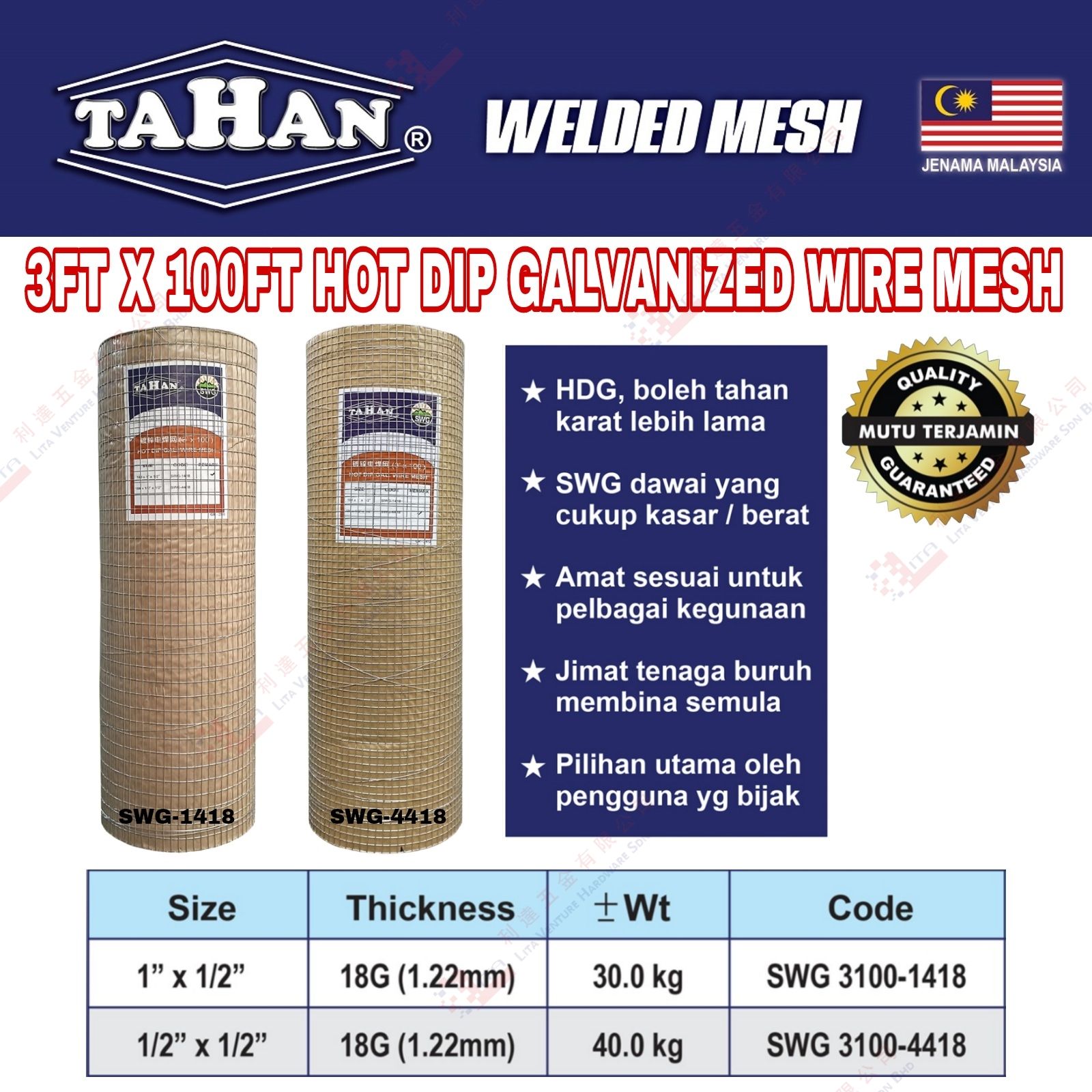 TAHAN BRAND HOT DIP GALVANIZED WIRE MESH - SWG31001418 SWG31004418