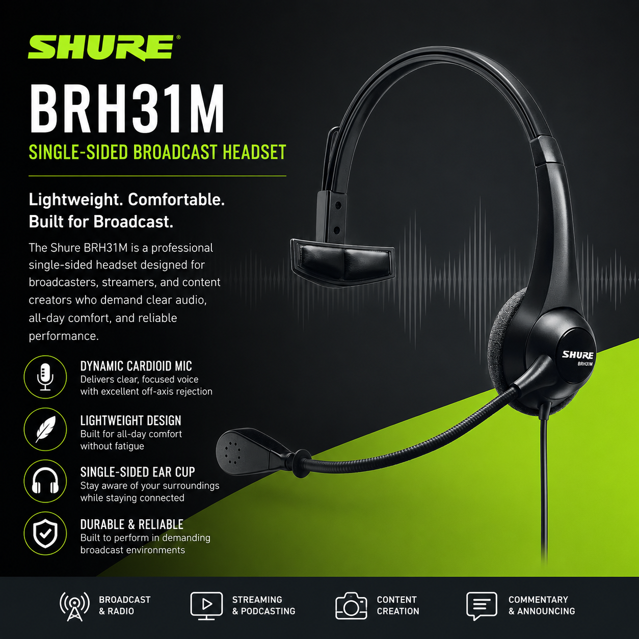 Shure BRH31M Single-Sided Broadcast Headset – Lightweight Broadcast Headphone with Dynamic Cardioid Microphone
