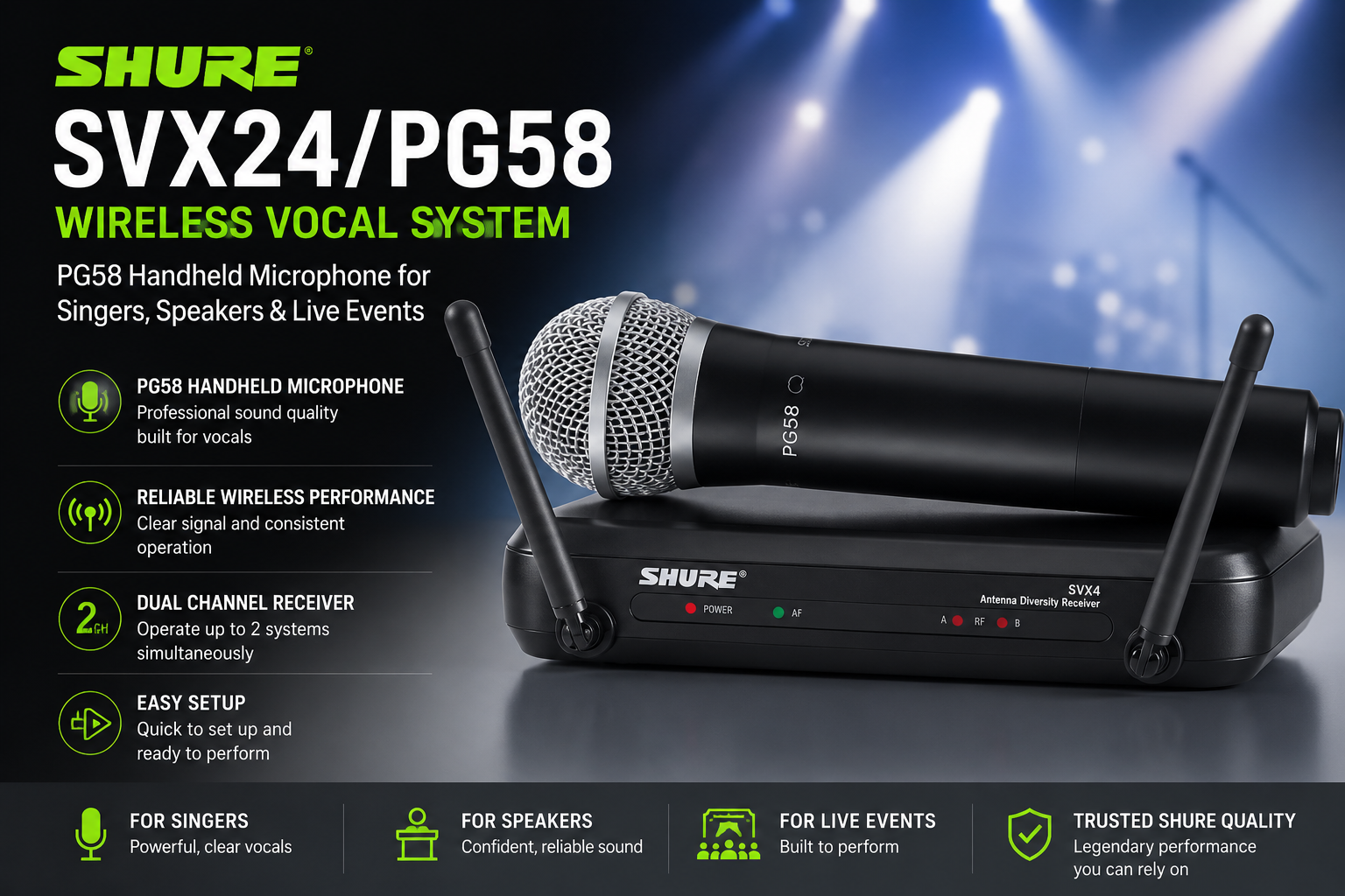 舒尔 Shure SVX24/PG58 无线人声系统 – 配备 PG58 手持麦克风 适用于歌手、演讲与现场活动