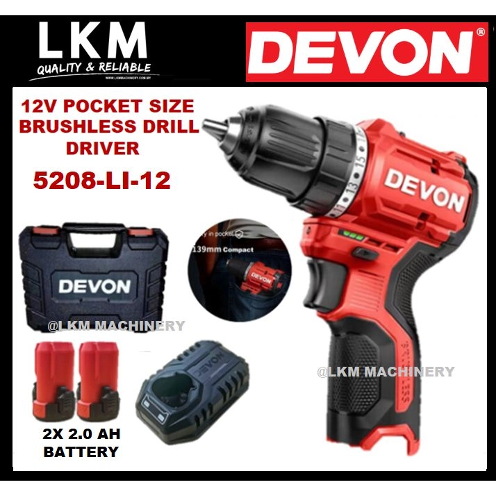 DEVON 12V 50Nm Cordless Drill Driver 5208-Li-12 Dual Speed Brushless Motor