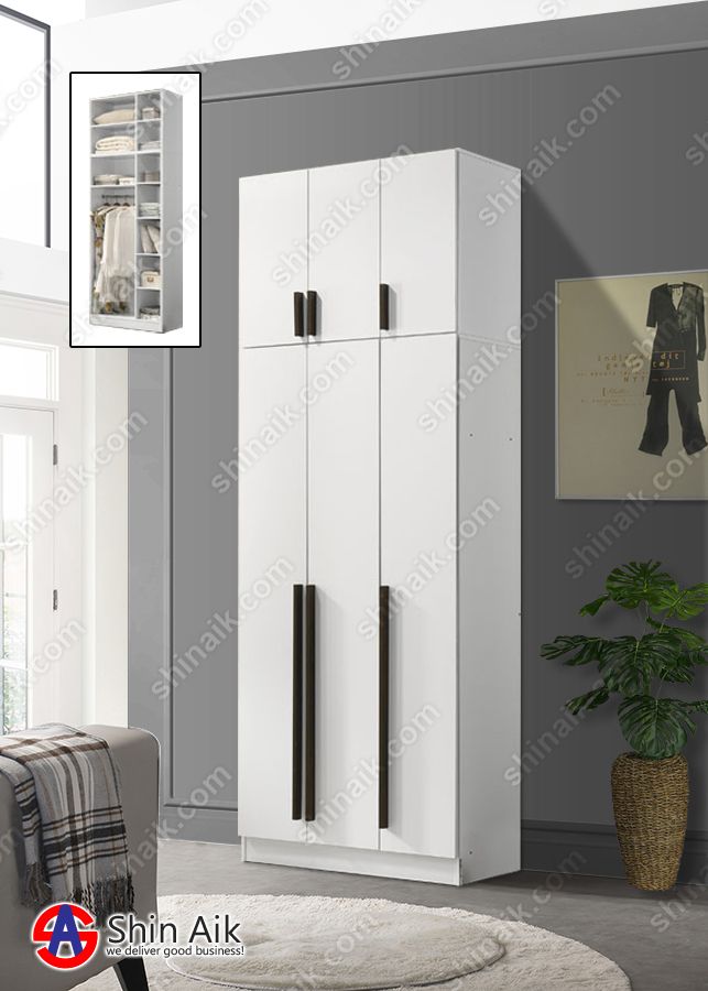 WR92203(KD) (3'ft) White Modern Minimalist Space Saving 3-Doors Wardrobe