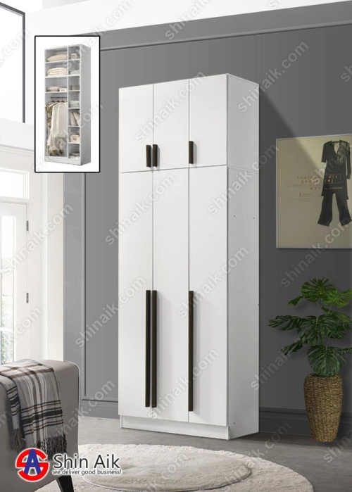 WR92203(KD) (3'ft) White Modern Minimalist Space Saving 3-Doors Wardrobe