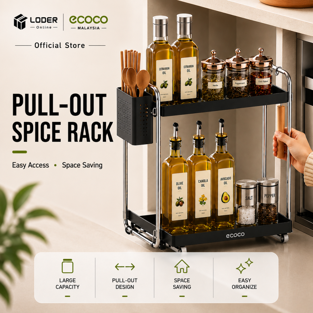LODER ECOCO Kitchen Seasoning Rack Pull Out Spice Organizer Carbon Steel Shelf Bottle Holder Countertop Storage