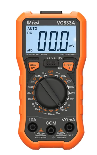 Vici VC833A Manual ranging, True RMS, NCV test, Data hold, Backlight, Torch lighting function.