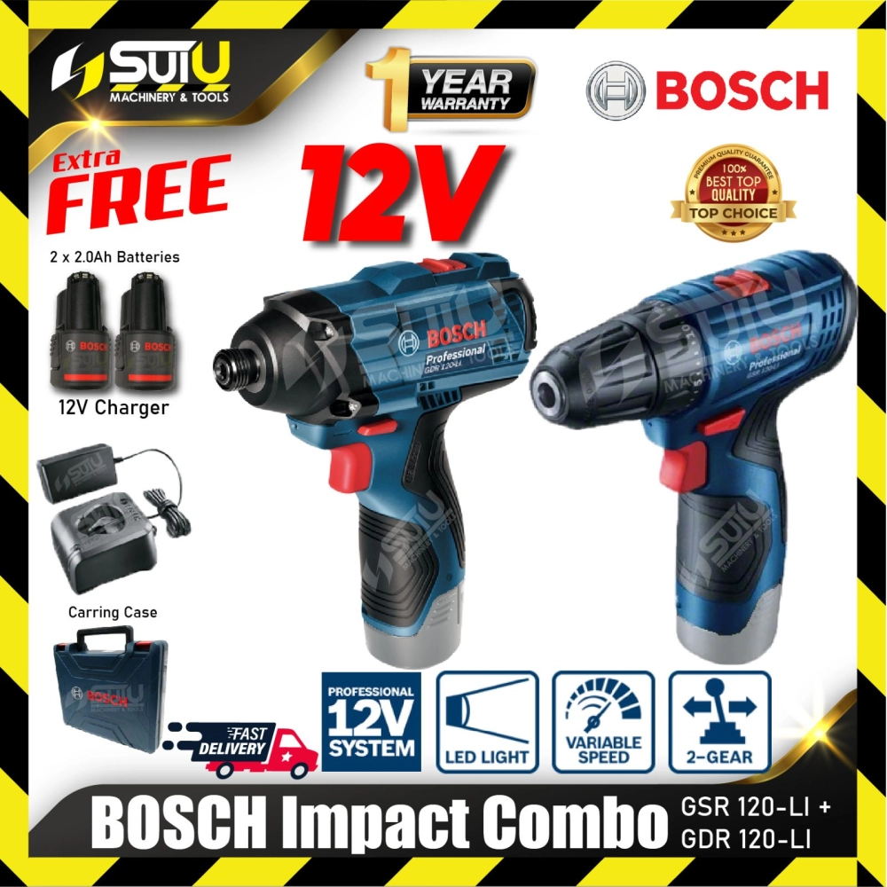 BOSCH Combo Kit A GSR 120-Li Cordless Drill + GDR 120-LI Cordless Impact Driver + FOC 2 x Batteries 2.0Ah + 1 x Charger