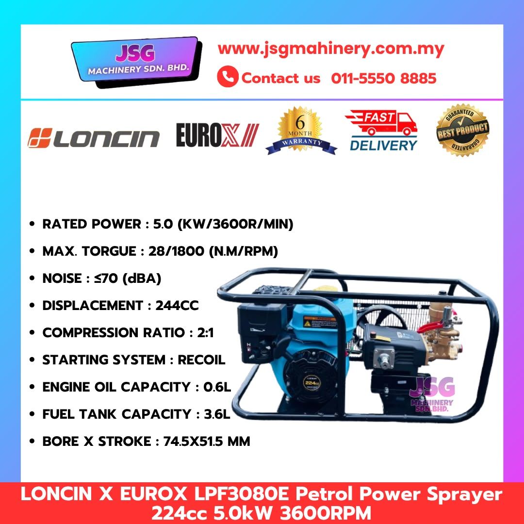 LONCIN x EUROX LPF8030E Petrol Power Sprayer 224CC 5.0KW 3600RPM High Pressure Agricultural Sprayer