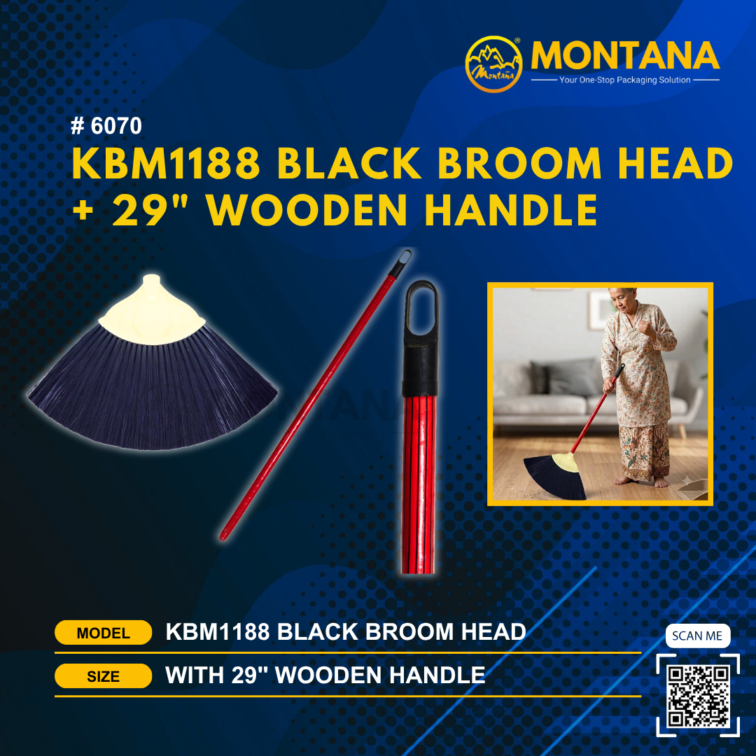 (6070) KBM1188 BLACK BROOM HEAD + 29" WOODEN HANDLE