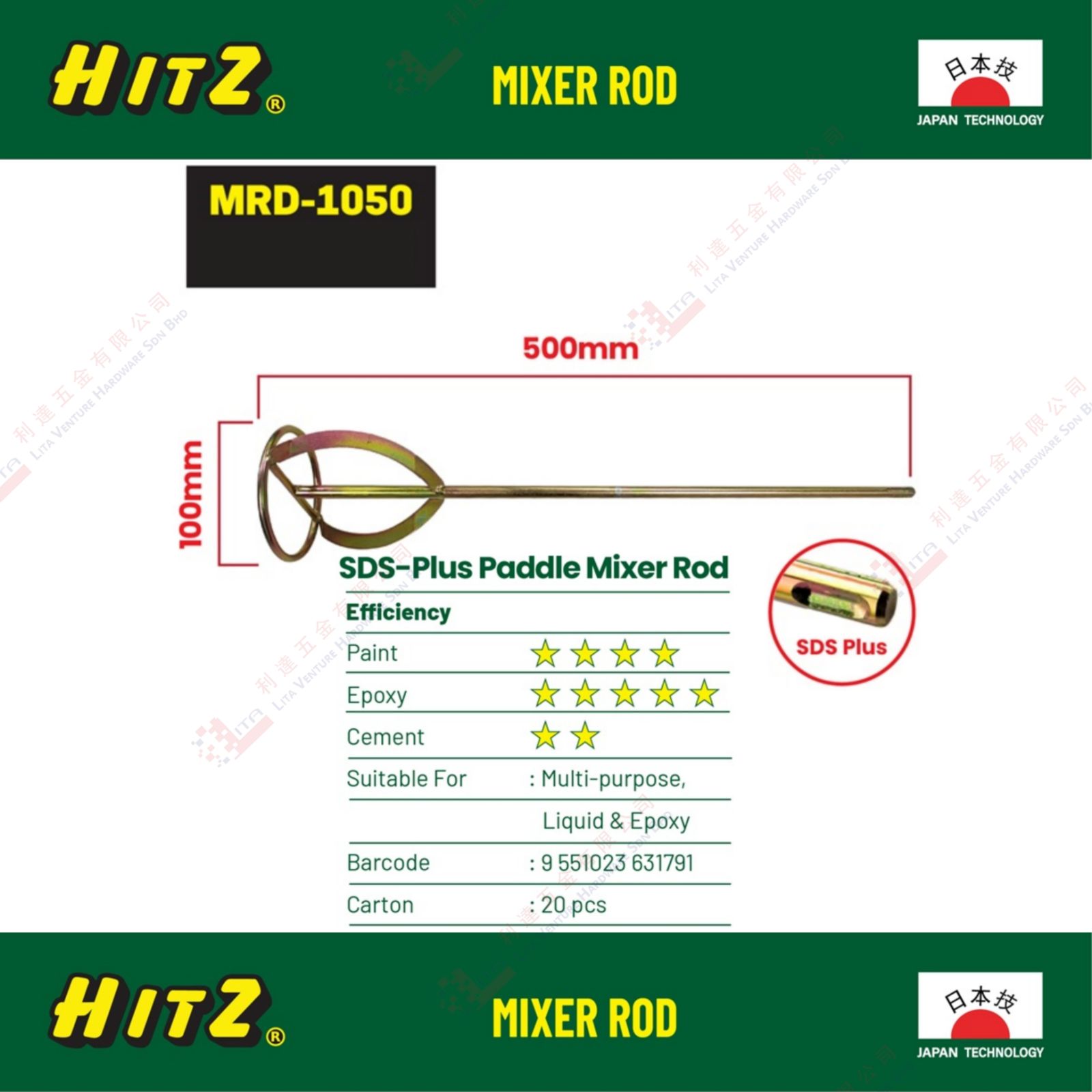 HITZ BRAND SDS PLUS PADDLE MIXER ROD - MRD1050