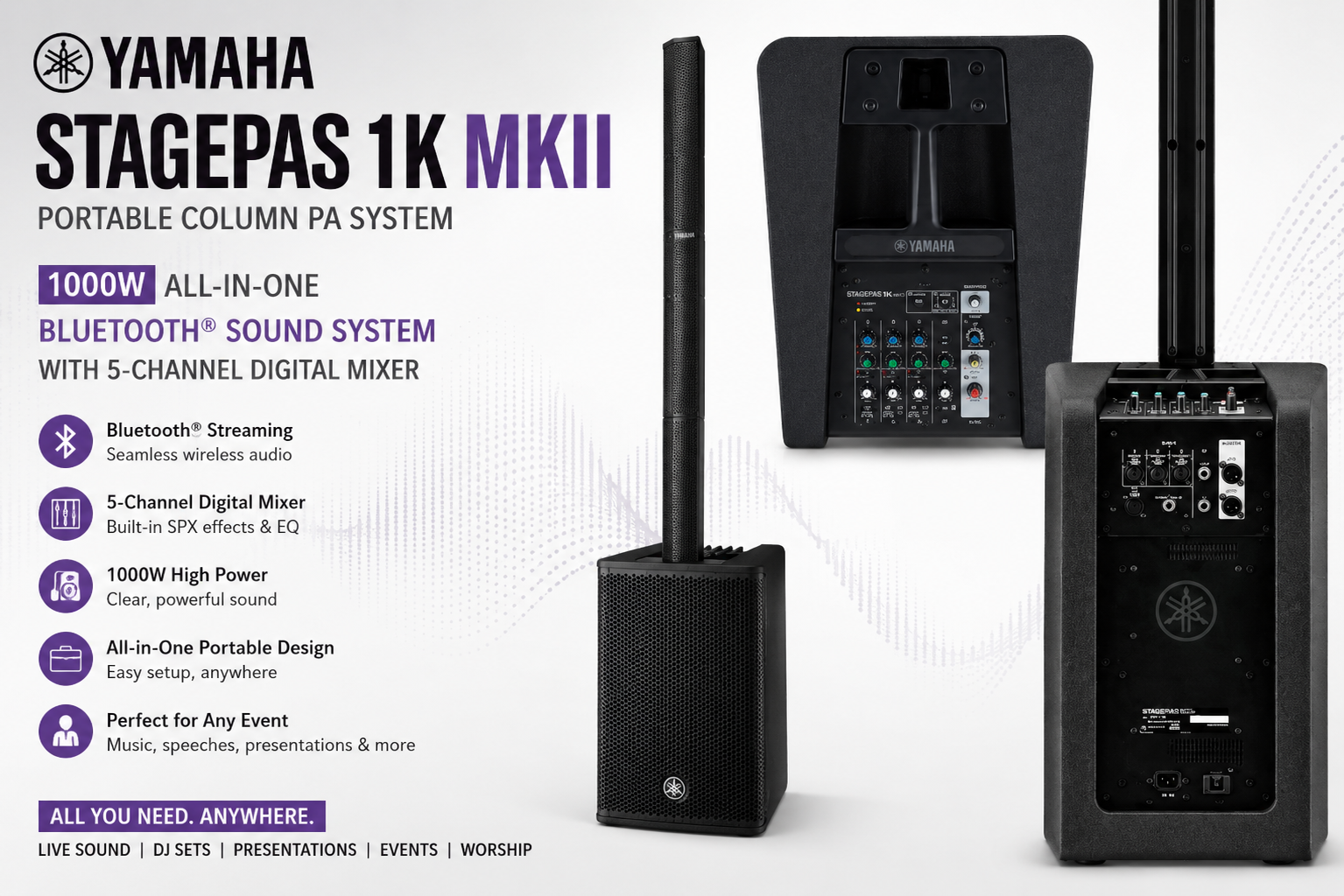 Yamaha STAGEPAS 1K mkII – 1100W便携式PA系统，配备5通道数字调音台、12寸低音单元和线阵列扬声器