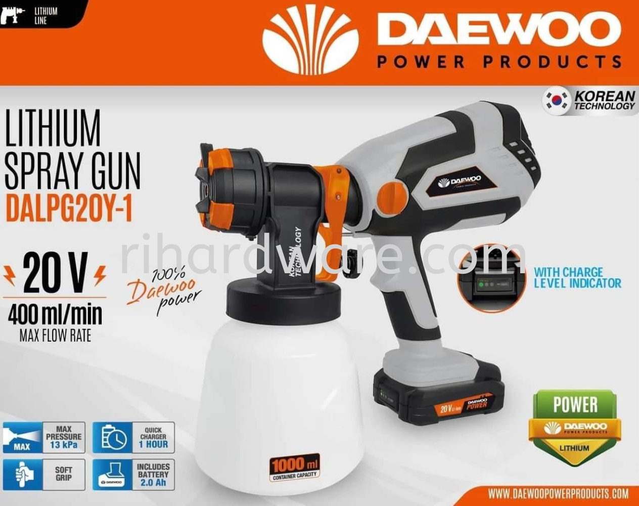 DAEWOO 20V Lithium Spray Gun DALPG20Y-1 (1000ML)