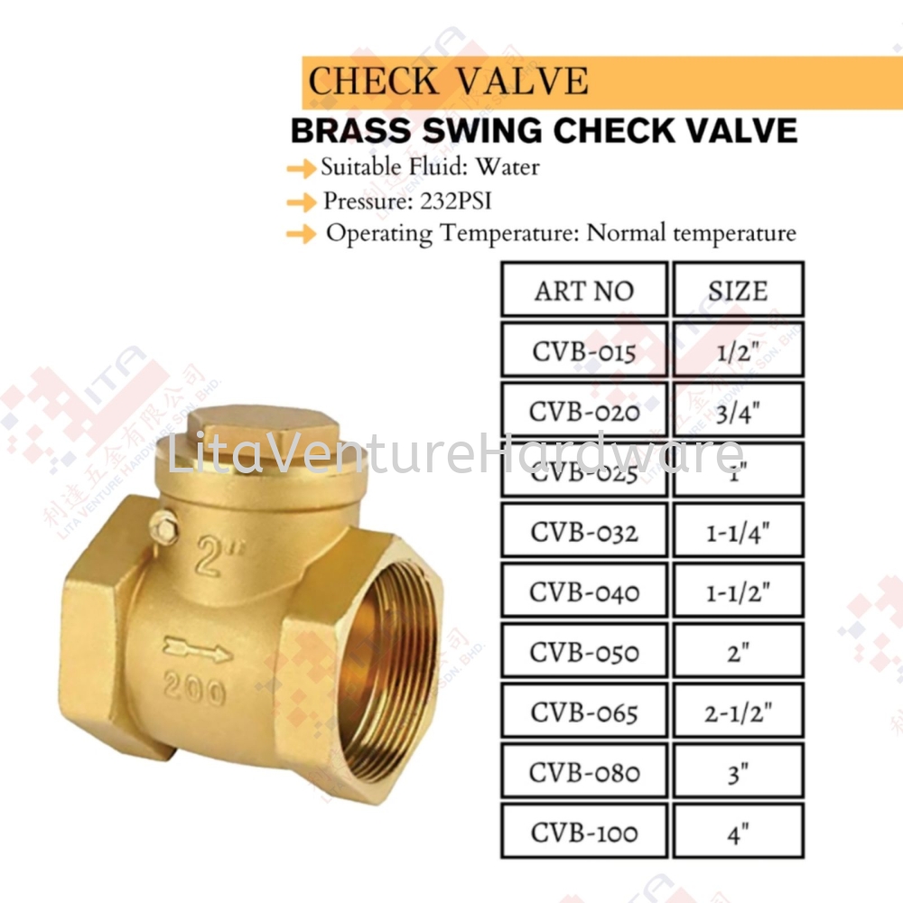 BRASS SWING CHECK VALVE - CVB015 CVB020 CVB025 CVB032 CBV040 CVB050 CVB065 CVB080 CVB100