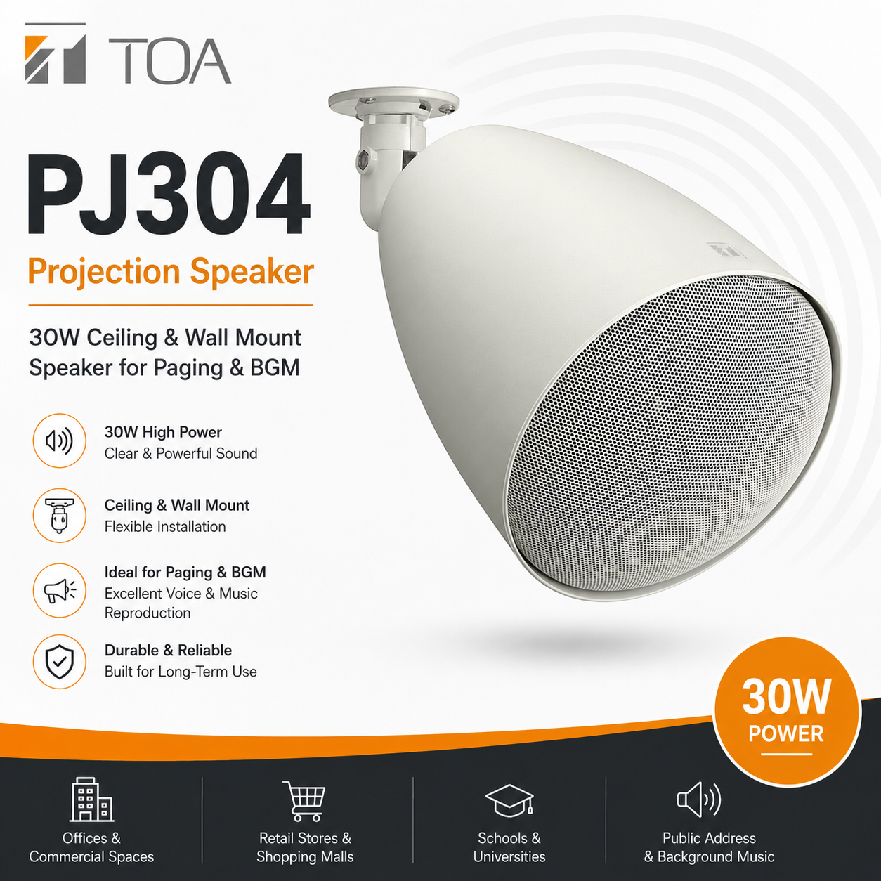 TOA PJ304 Projection Speaker – 30W Ceiling & Wall Mount Speaker for Paging & BGM