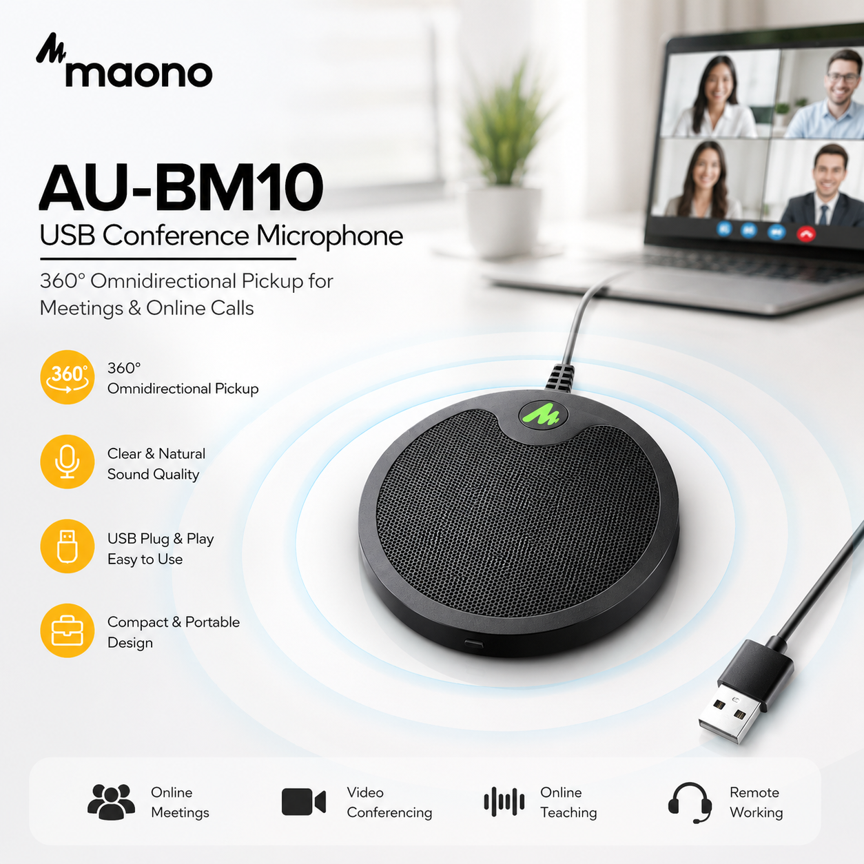 Maono AU-BM10 – USB会议麦克风，360°全向拾音，适用于远程会议与线上通话